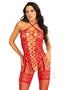 Leg Avenue Heart Net Halter Bodystocking With Faux Lace Up Front And Leg Garter Detail - O/s - Red